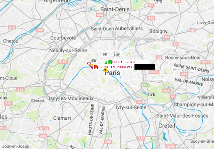 plan itinéraire ratp de Palais-Royal (Musée du Louvre) à Franklin-Roosevelt