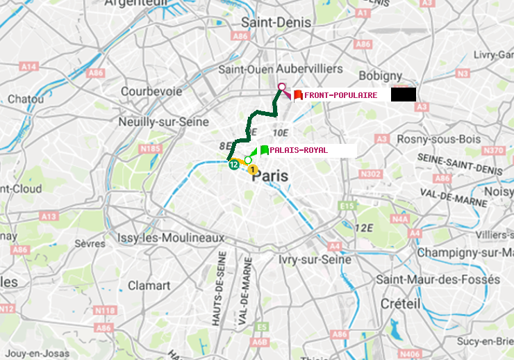plan itinéraire ratp de Palais-Royal (Musée du Louvre) à Front Populaire