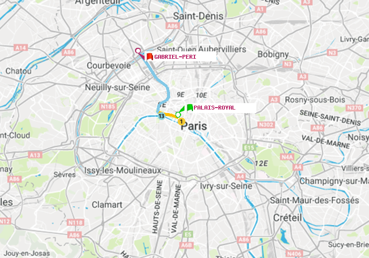 plan itinéraire ratp de Palais-Royal (Musée du Louvre) à Gabriel-Péri