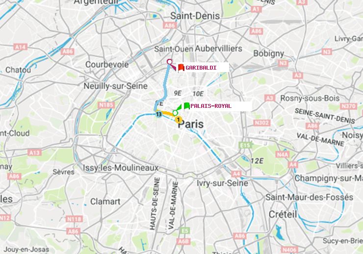 plan itinéraire ratp de Palais-Royal (Musée du Louvre) à Garibaldi
