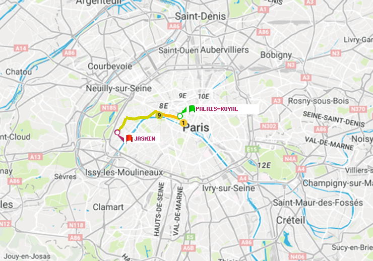 plan itinéraire ratp de Palais-Royal (Musée du Louvre) à Jasmin