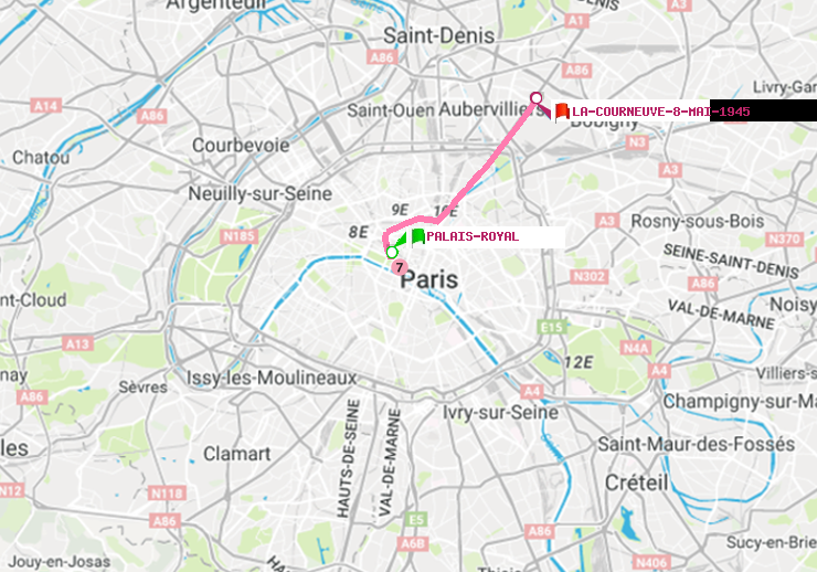 plan itinéraire ratp de Palais-Royal (Musée du Louvre) à La Courneuve-8-Mai-1945