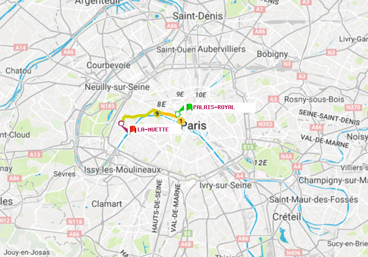 plan itinéraire ratp de Palais-Royal (Musée du Louvre) à La Muette