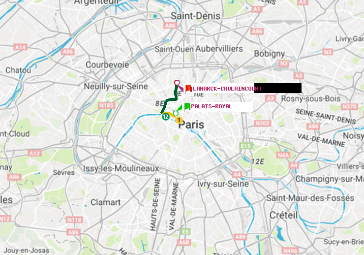 plan itinéraire ratp de Palais-Royal (Musée du Louvre) à Lamarck-Caulaincourt