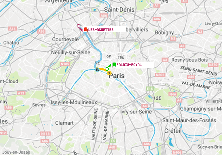 plan itinéraire ratp de Palais-Royal (Musée du Louvre) à Les Agnettes