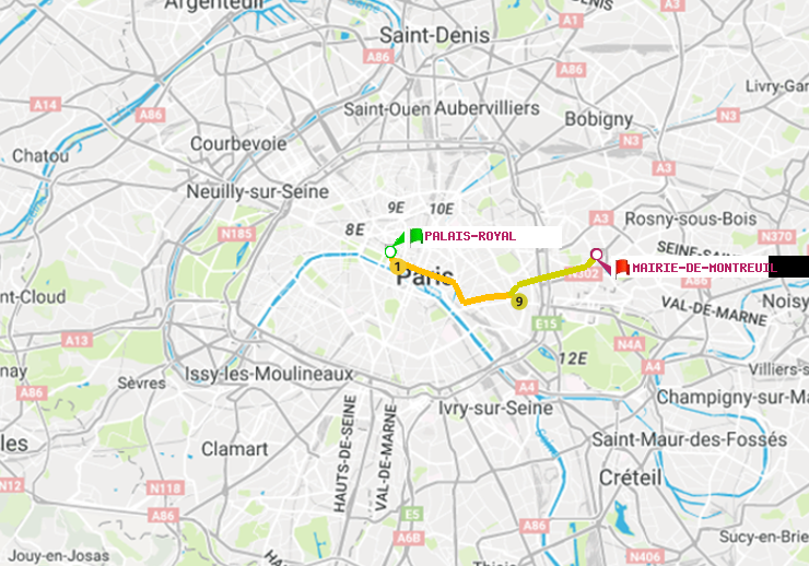 plan itinéraire ratp de Palais-Royal (Musée du Louvre) à Mairie de Montreuil
