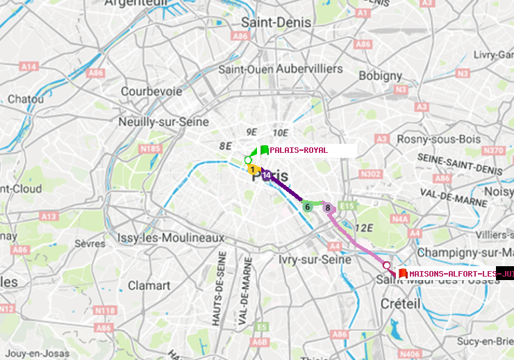 plan itinéraire ratp de Palais-Royal (Musée du Louvre) à Maisons-Alfort-Les Juilliottes