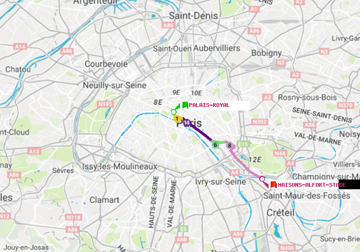 plan itinéraire ratp de Palais-Royal (Musée du Louvre) à Maisons-Alfort-Stade