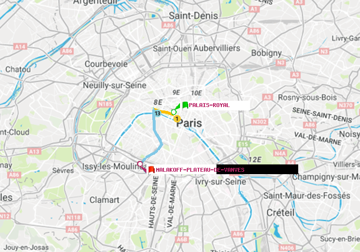 plan itinéraire ratp de Palais-Royal (Musée du Louvre) à Malakoff-Plateau de Vanves