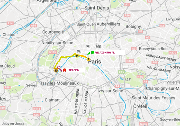 plan itinéraire ratp de Palais-Royal (Musée du Louvre) à Mirabeau