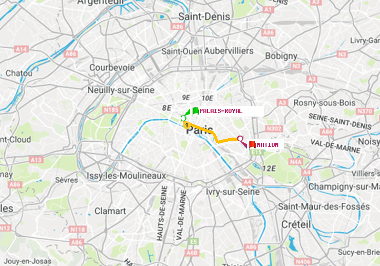 plan itinéraire ratp de Palais-Royal (Musée du Louvre) à Nation