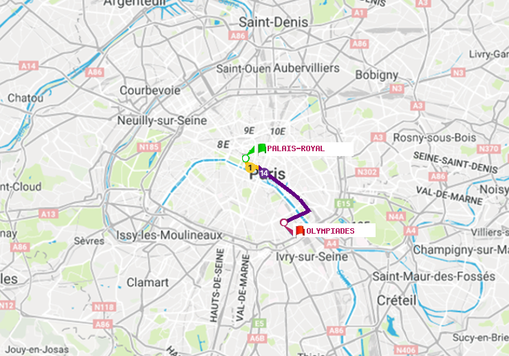 plan itinéraire ratp de Palais-Royal (Musée du Louvre) à Olympiades