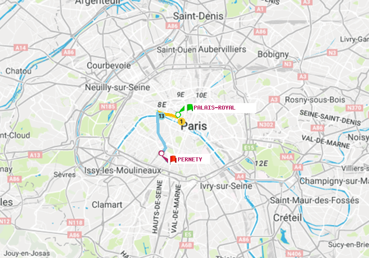 plan itinéraire ratp de Palais-Royal (Musée du Louvre) à Pernety
