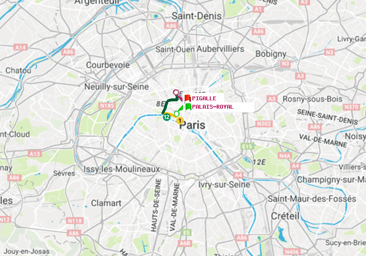 plan itinéraire ratp de Palais-Royal (Musée du Louvre) à Pigalle