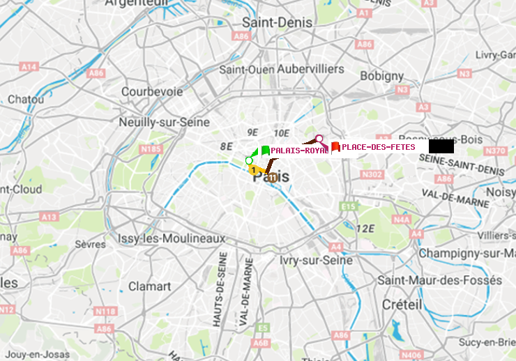 plan itinéraire ratp de Palais-Royal (Musée du Louvre) à Place des Fêtes