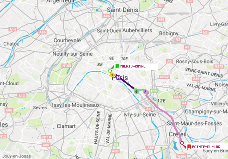 plan itinéraire ratp de Palais-Royal (Musée du Louvre) à Pointe du Lac