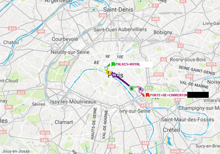 plan itinéraire ratp de Palais-Royal (Musée du Louvre) à Porte de Charenton