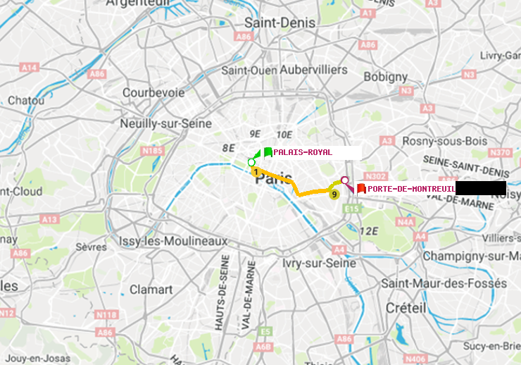 plan itinéraire ratp de Palais-Royal (Musée du Louvre) à Porte de Montreuil