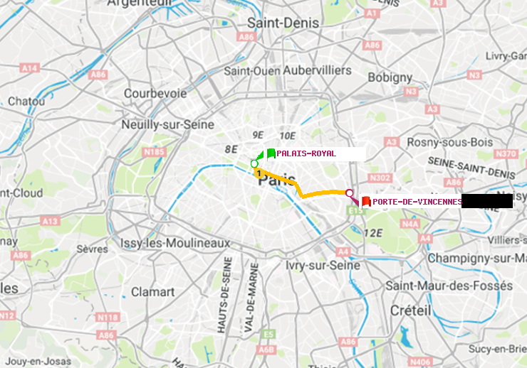 plan itinéraire ratp de Palais-Royal (Musée du Louvre) à Porte de Vincennes