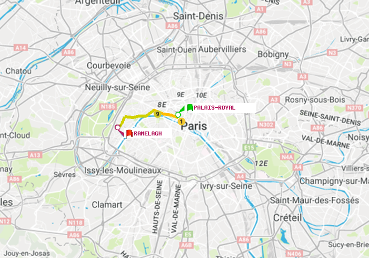 plan itinéraire ratp de Palais-Royal (Musée du Louvre) à Ranelagh
