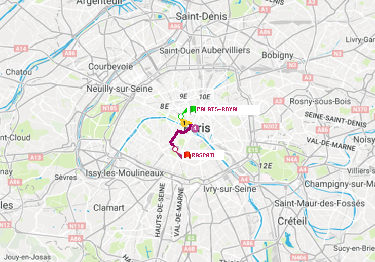 plan itinéraire ratp de Palais-Royal (Musée du Louvre) à Raspail