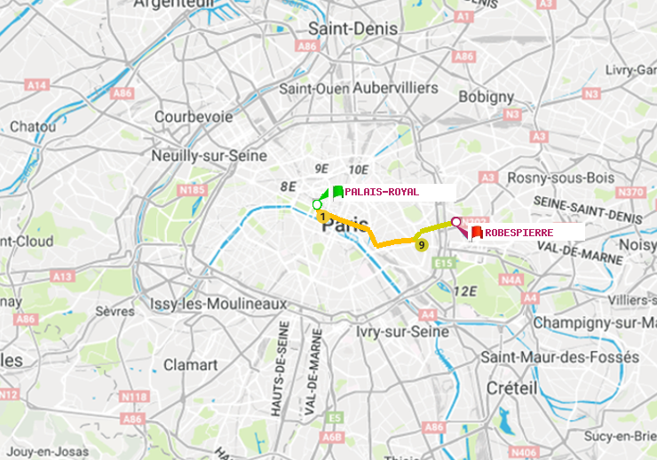 plan itinéraire ratp de Palais-Royal (Musée du Louvre) à Robespierre