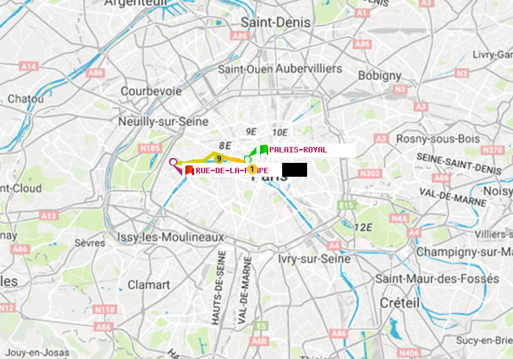 plan itinéraire ratp de Palais-Royal (Musée du Louvre) à Rue de la Pompe (Avenue Georges Mandel)