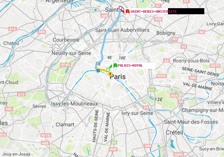 plan itinéraire ratp de Palais-Royal (Musée du Louvre) à Saint-Denis-Universite
