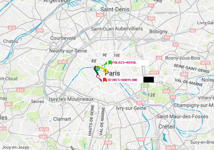 plan itinéraire ratp de Palais-Royal (Musée du Louvre) à Sèvres-Babylone