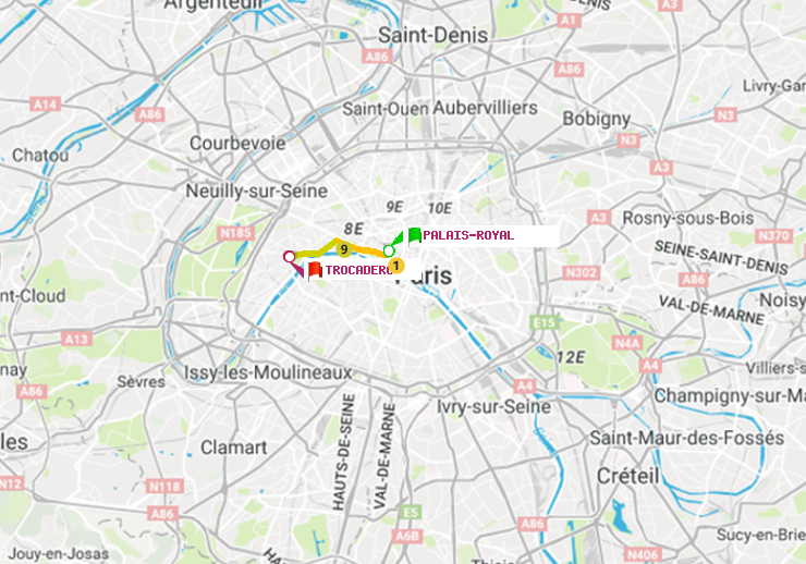 plan itinéraire ratp de Palais-Royal (Musée du Louvre) à Trocadéro