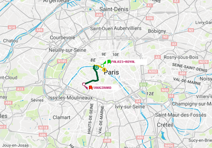 plan itinéraire ratp de Palais-Royal (Musée du Louvre) à Vaugirard (Adolphe Chérioux)