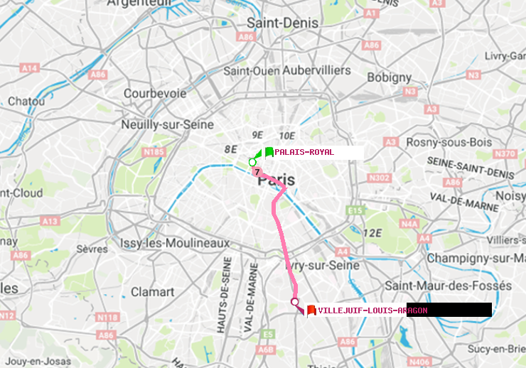 plan itinéraire ratp de Palais-Royal (Musée du Louvre) à Villejuif-Louis Aragon