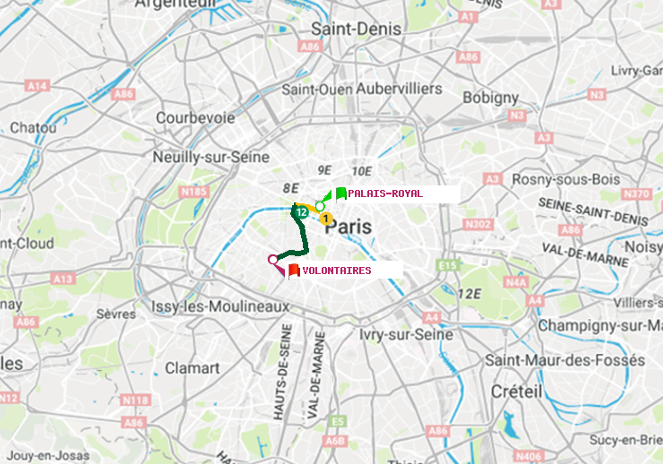 plan itinéraire ratp de Palais-Royal (Musée du Louvre) à Volontaires