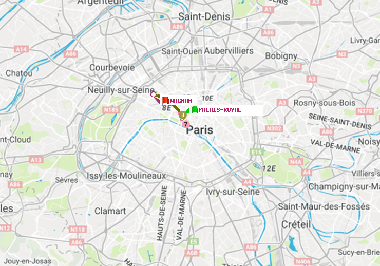 plan itinéraire ratp de Palais-Royal (Musée du Louvre) à Wagram