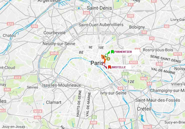 plan itinéraire ratp de Parmentier à Bastille