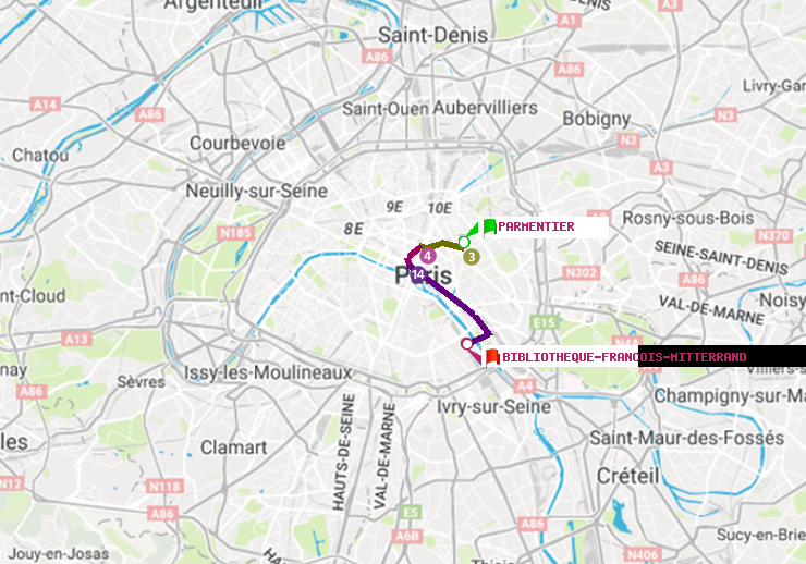 plan itinéraire ratp de Parmentier à Bibliotheque-Francois Mitterrand