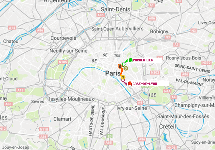 plan itinéraire ratp de Parmentier à Gare de Lyon