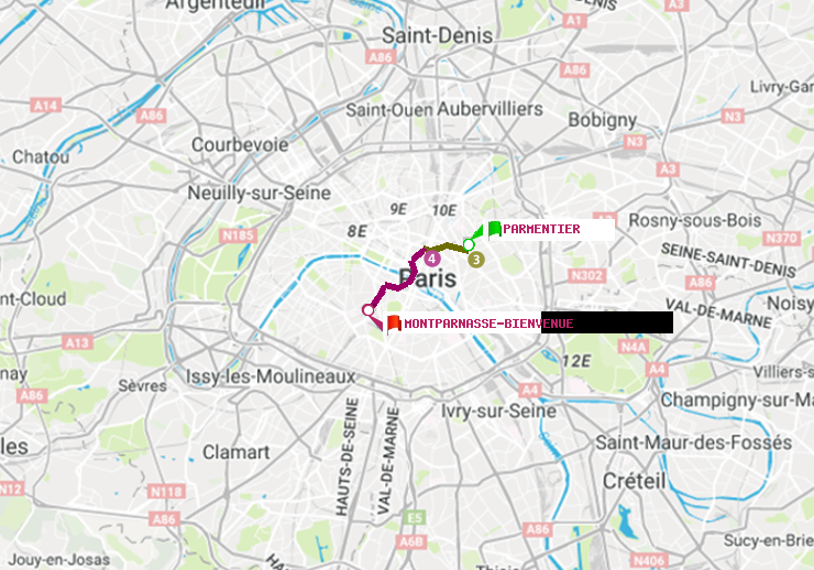 plan itinéraire ratp de Parmentier à Montparnasse-Bienvenue
