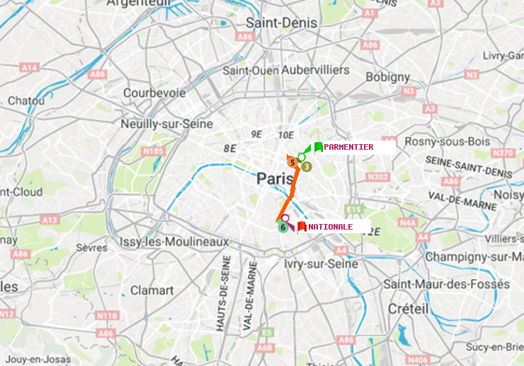 plan itinéraire ratp de Parmentier à Nationale