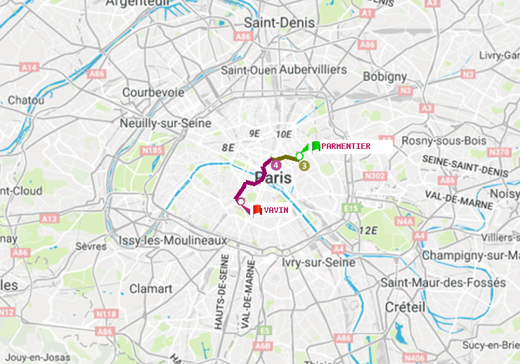 plan itinéraire ratp de Parmentier à Vavin