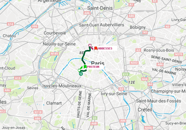 plan itinéraire ratp de Pasteur à Abbesses