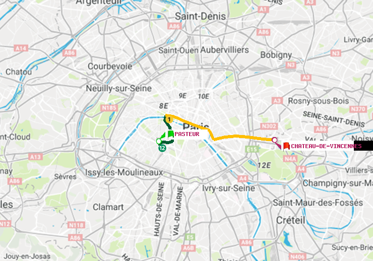 plan itinéraire ratp de Pasteur à Château de Vincennes