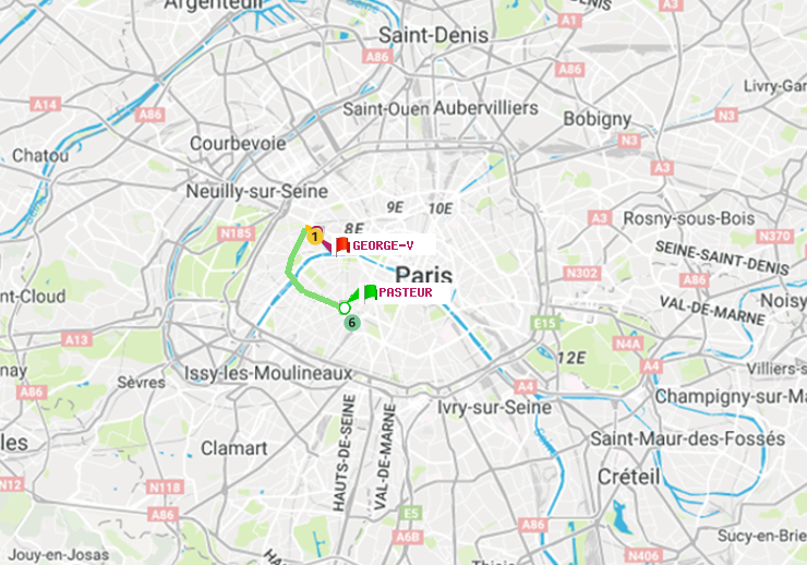 plan itinéraire ratp de Pasteur à George V