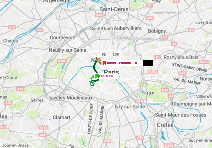 plan itinéraire ratp de Pasteur à Havre-Caumartin