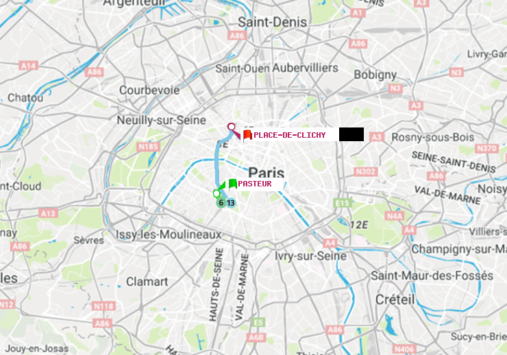 plan itinéraire ratp de Pasteur à Place de Clichy