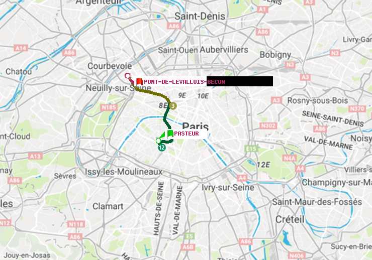 plan itinéraire ratp de Pasteur à Pont de Levallois-Bécon