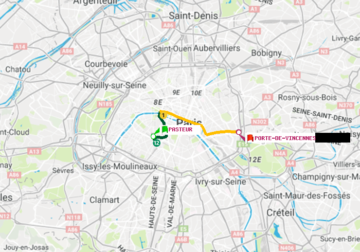 plan itinéraire ratp de Pasteur à Porte de Vincennes