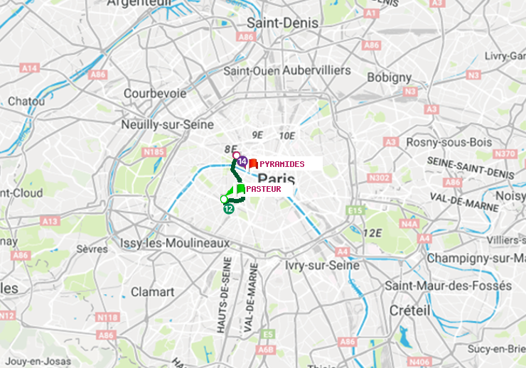 plan itinéraire ratp de Pasteur à Pyramides