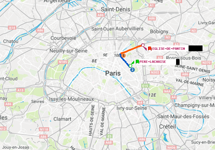 plan itinéraire ratp de Père-Lachaise à Eglise de Pantin