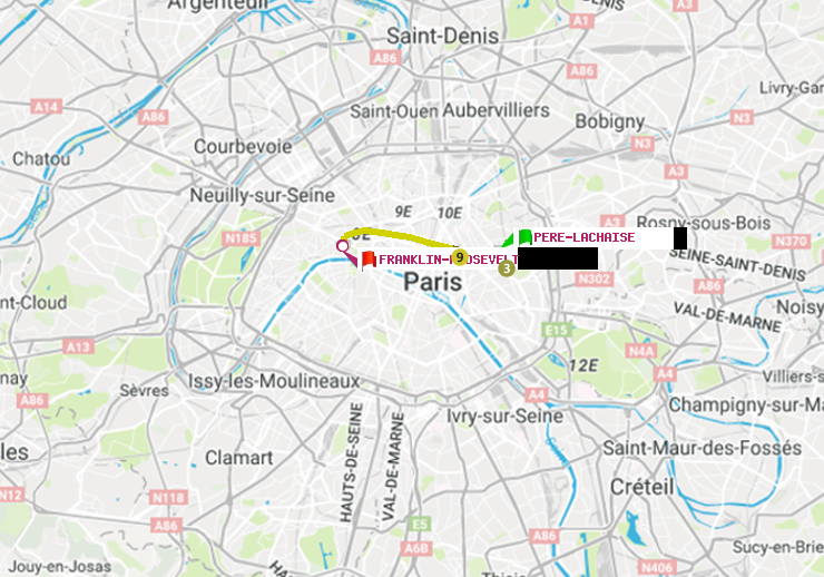 plan itinéraire ratp de Père-Lachaise à Franklin-Roosevelt